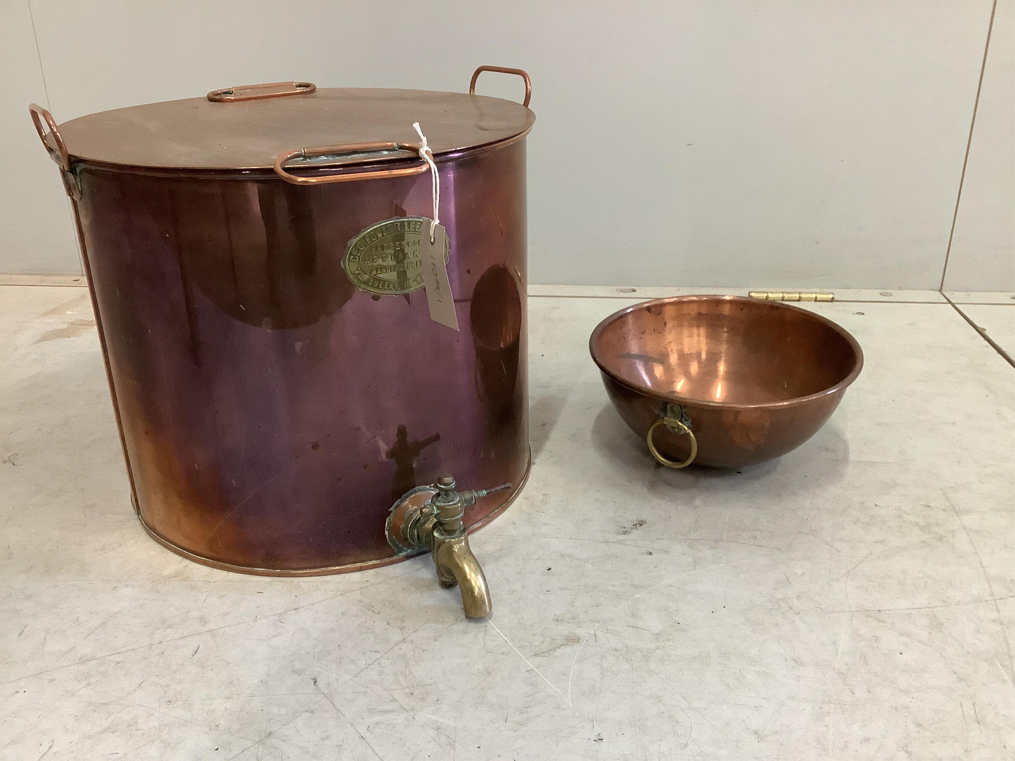 A Victorian copper and brass circular preserving vat, diameter 38cm, height 32cm together with a small Victorian circular copper dish. Condition - good